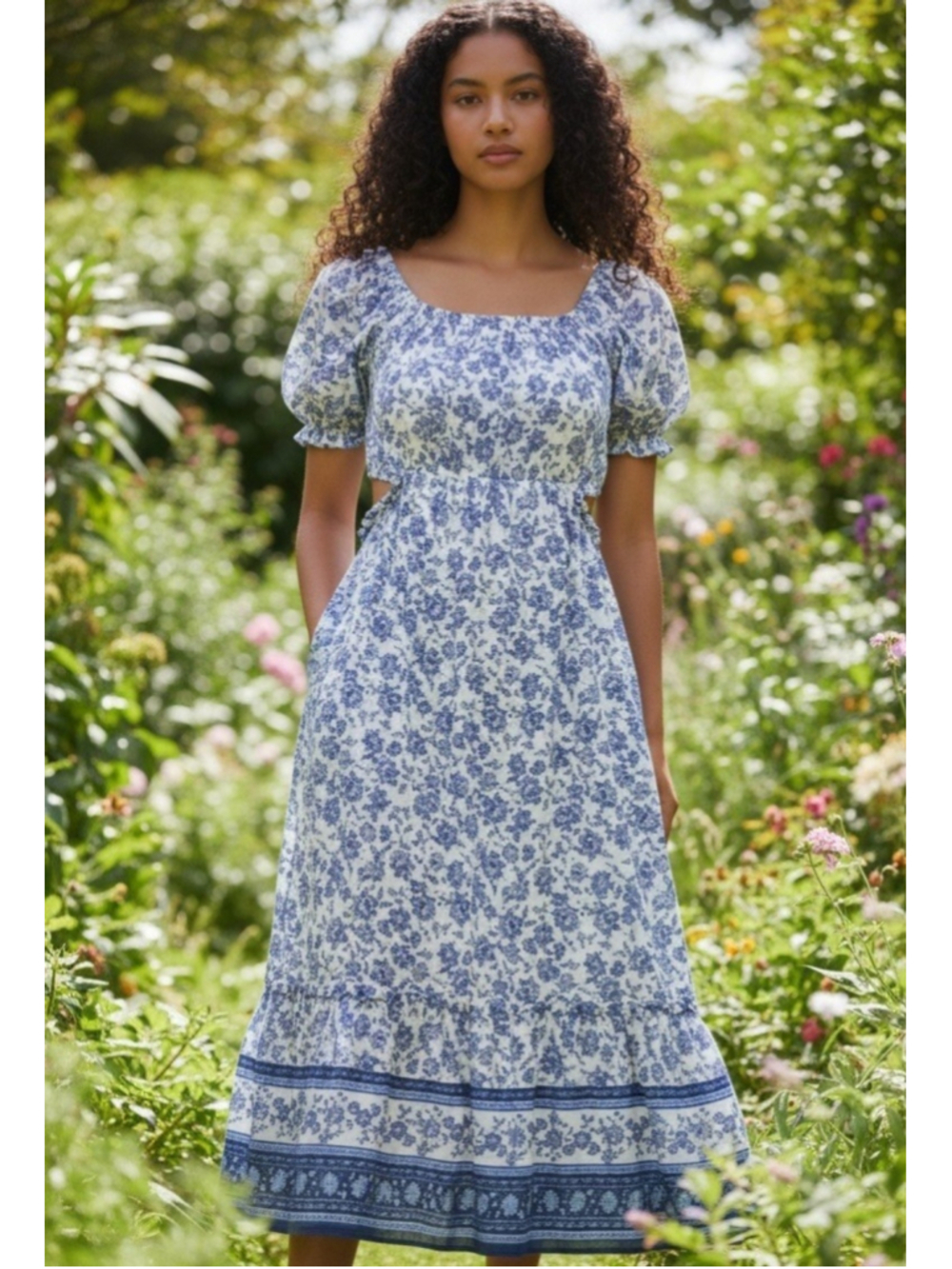BY THE RIVER Women Maxi Cut-Out Cotton Linen Blend Floral Lined Dress Small NWT